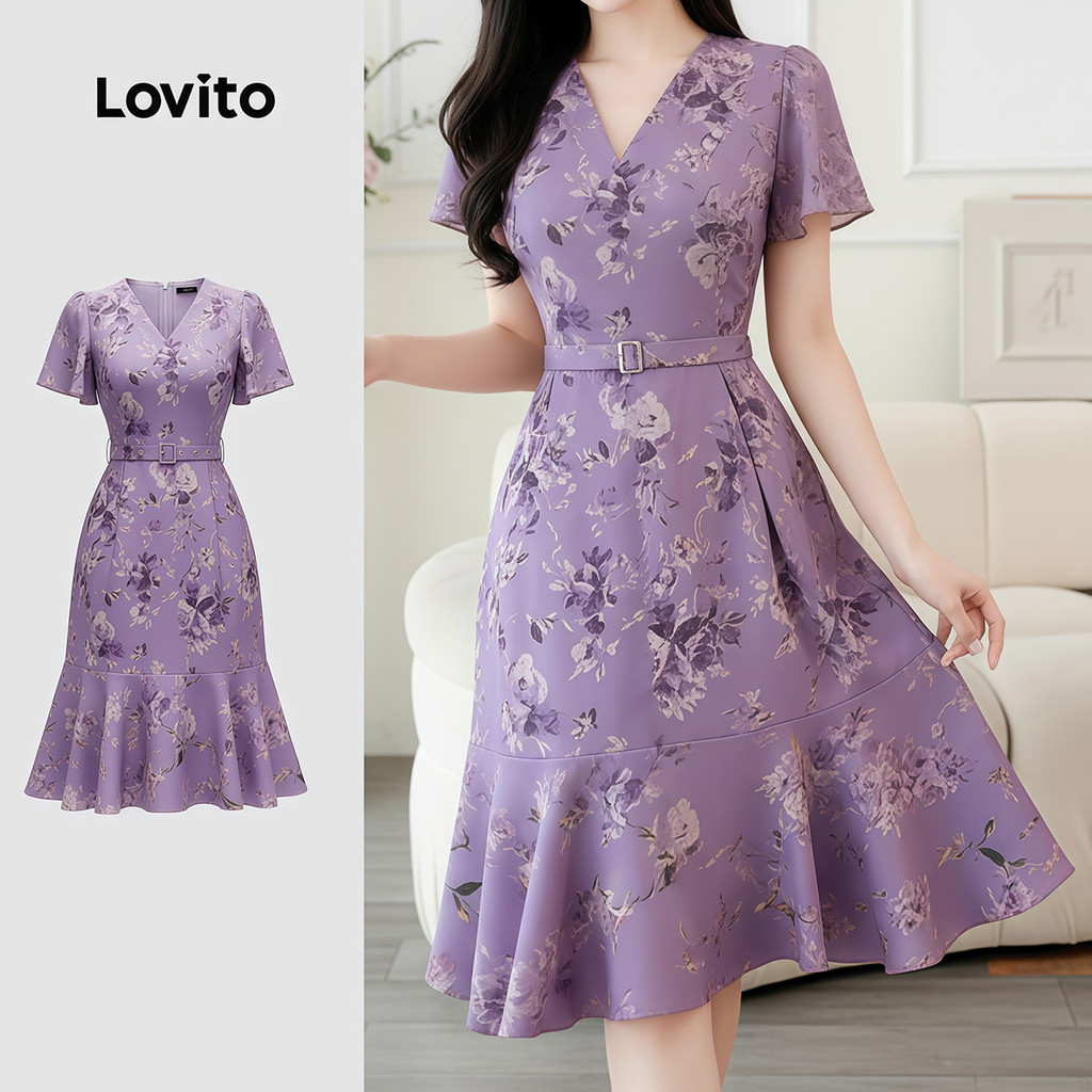 (Elegante) Lovito Vestido Textura Vestido Feminino Roxo Claro Primavera/Verão LK