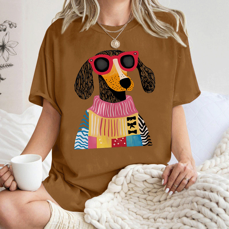 [Camiseta Premium Algodão Puro]LA Camiseta Feminina Estampa Cachorro Colorida, Manga Curta, Algodão Puro, Dia a Dia