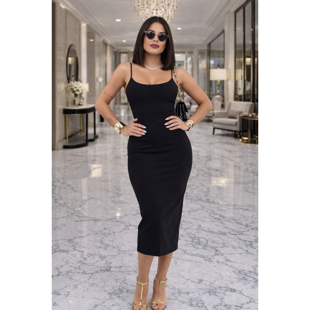 Vestido Midi com Alça Fina, Decote U e Bojo  Modelo Justo e Elegante | Poliamida com Elastano
