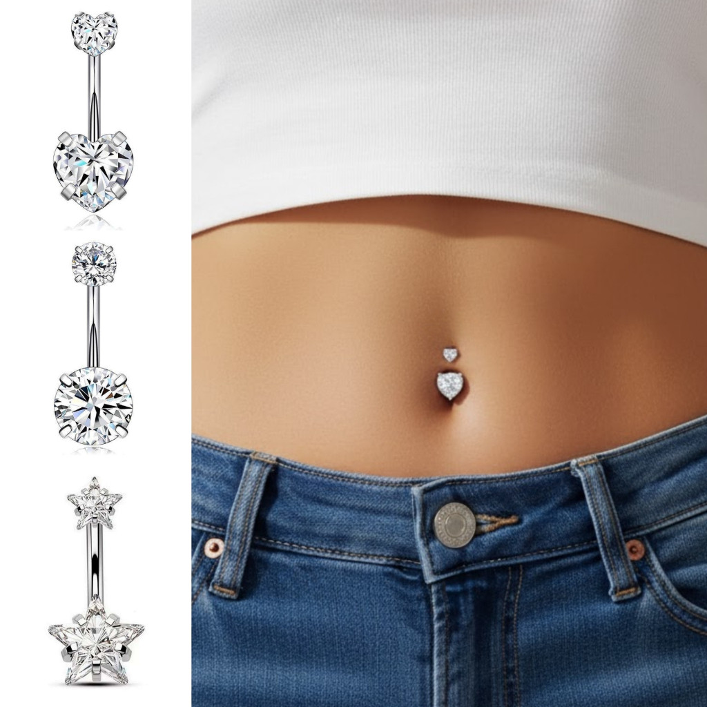 Piercing Umbigo Duplo Zircônia Coração Estrela Aço Cirúrgico