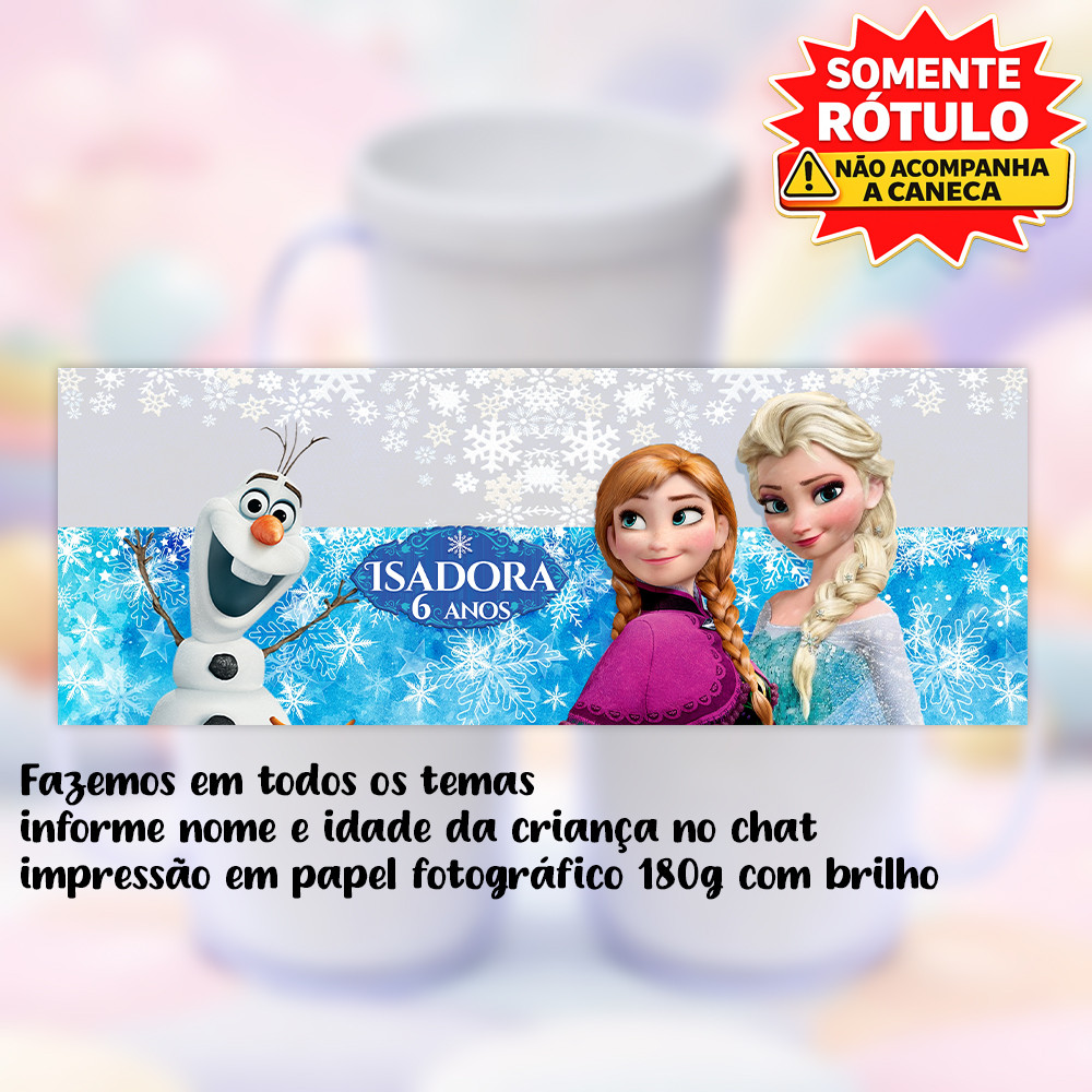Rotulo Fotografico Caneca Frozen Elsa e Anna Acrilica Rosqueavel Personalizada Festa Lembrancinha Etiqueta Tag