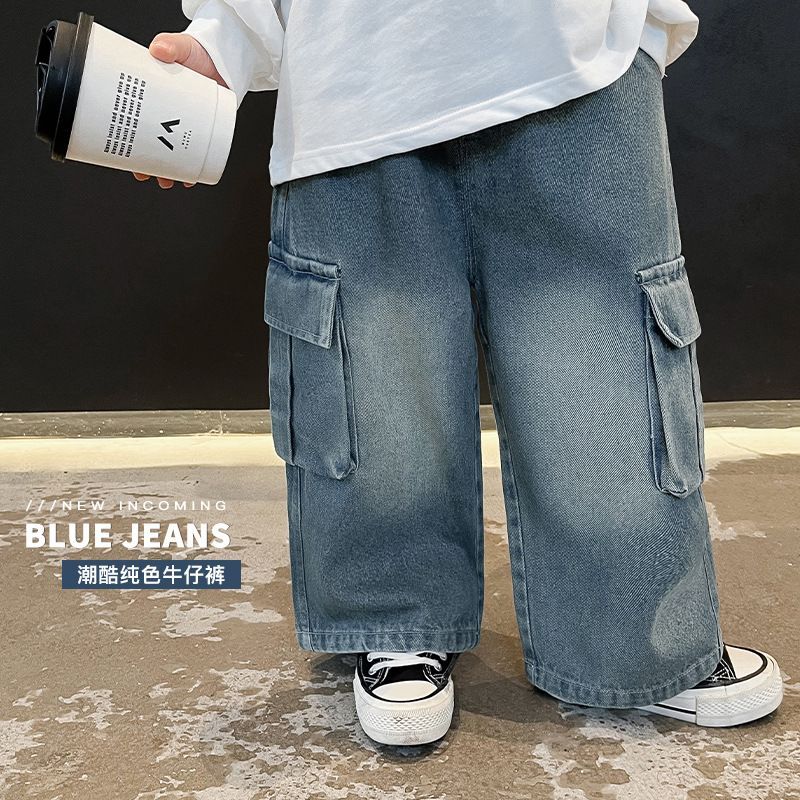 2024 Bonito Moda Moda Infantil Calças Largas Novo Estilo Versão Geral Bolso Coreano Calças de Perna Reta com Meninos Per