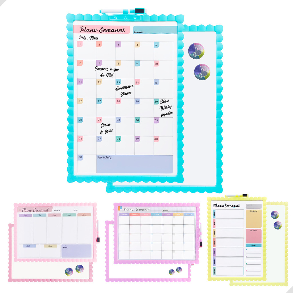 Quadro Planner Semanal e Mensal Magnético com Caneta com Apagador Lousa Branca Moldura Colorida em Oferta na Shopee