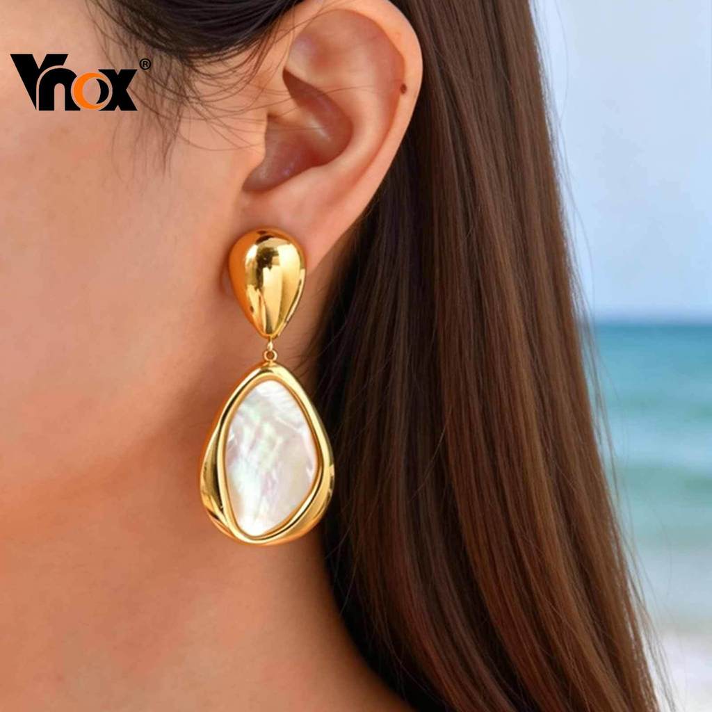Brincos De Concha De Abalone De Aço Inoxidável Estilo Oceano Vnox – Joias De Ouro Para Presente Mulheres