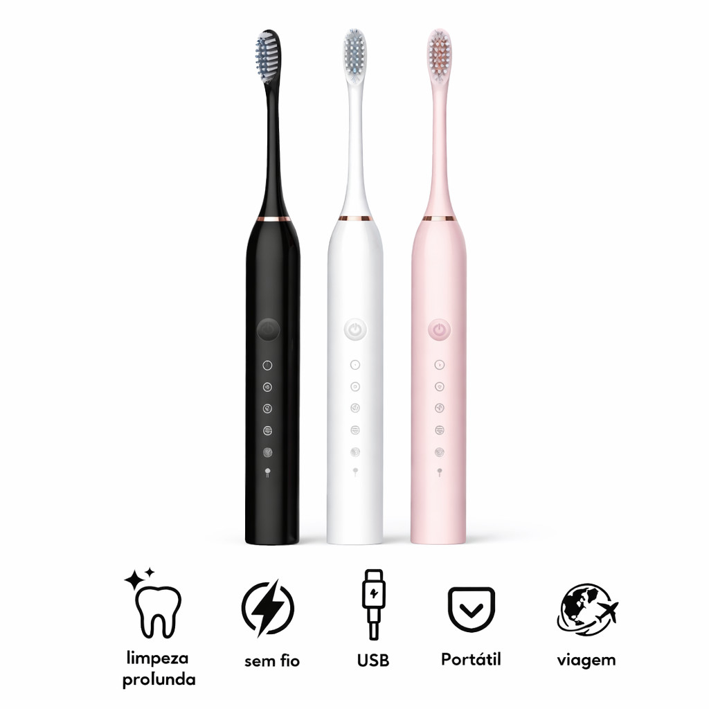 Escova de Dentes Eletrica Inteligente Ultrassonica USB 6 Modos Cabecas Substituiveis Higiene Oral