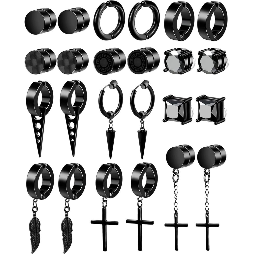 ONESING 12 Pares de Brincos Magnéticos Pretos: Modelos de Encaixe, Argola e Pendentes - Conjunto Sem Furo para Homens e