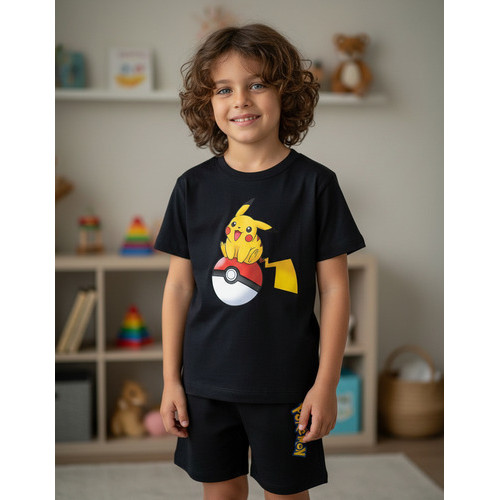 Conjunto Infantil Camiseta Bermuda Pokemon Pikachu Algodão Preto