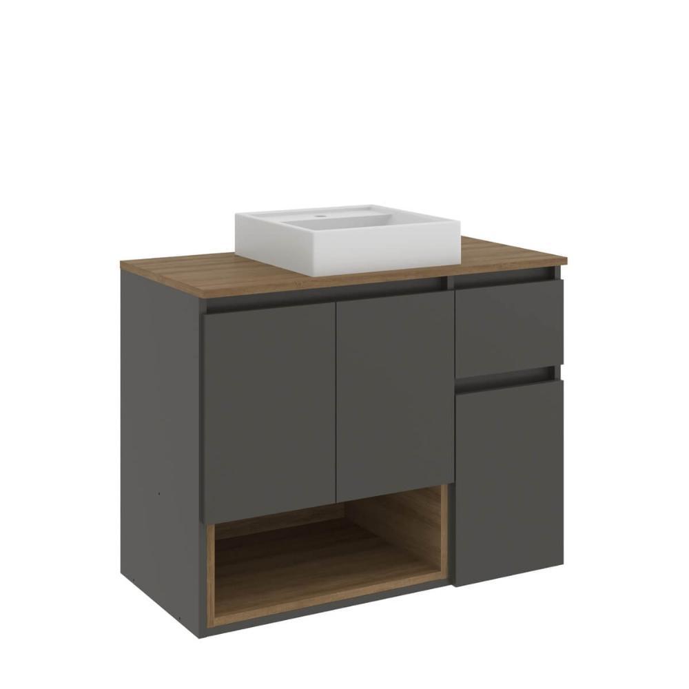 Gabinete para Banheiro Suspenso 80cm com Cuba 3 Portas 1 Gaveta Cor Mel/Grafite - FAEMA Móveis