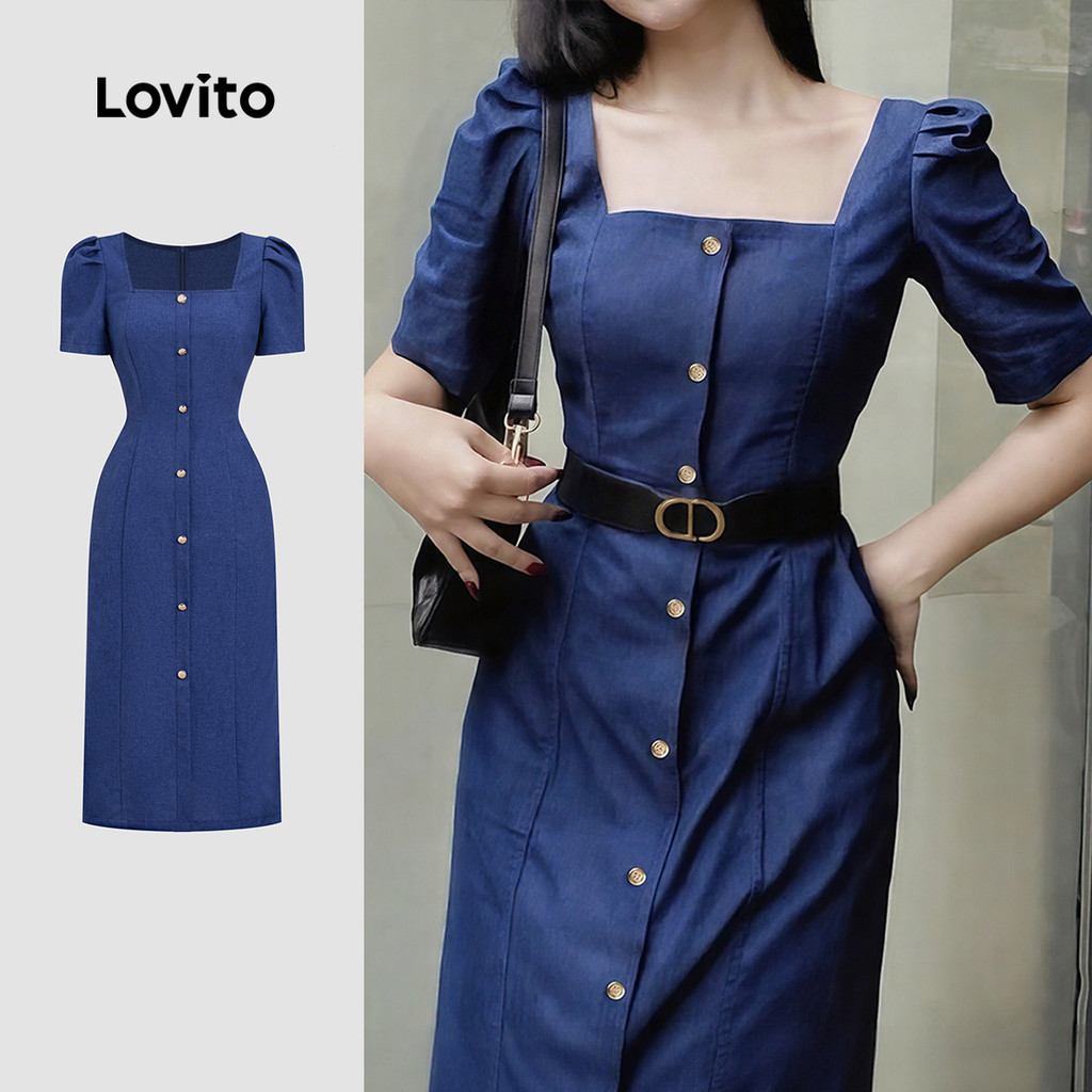 Lovito  Vestido Elegante Azul Escuro Botão Frontal Retrô Primavera/verão para mulheres. LBL33036 em Oferta na Shopee