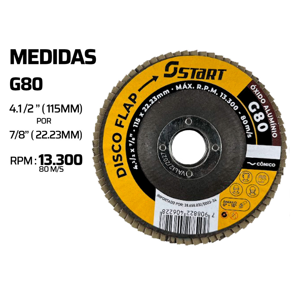 Kit C/20pçs Disco Flap 4.1/2 Grão 40-60-80-120 P/ Ferro ou Madeira