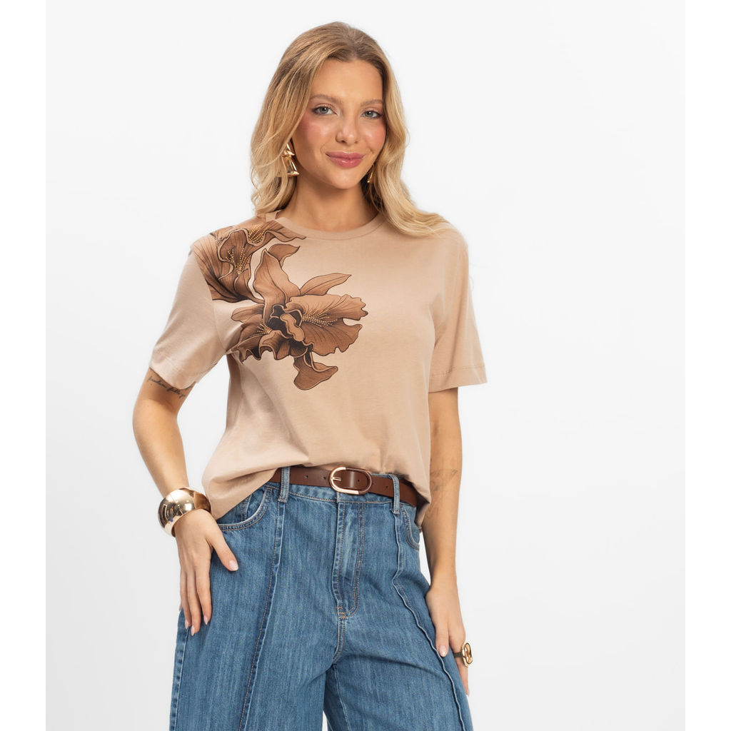 T- Shirt Feminina Meia Malha Rovitex Marrom em Oferta na Shopee