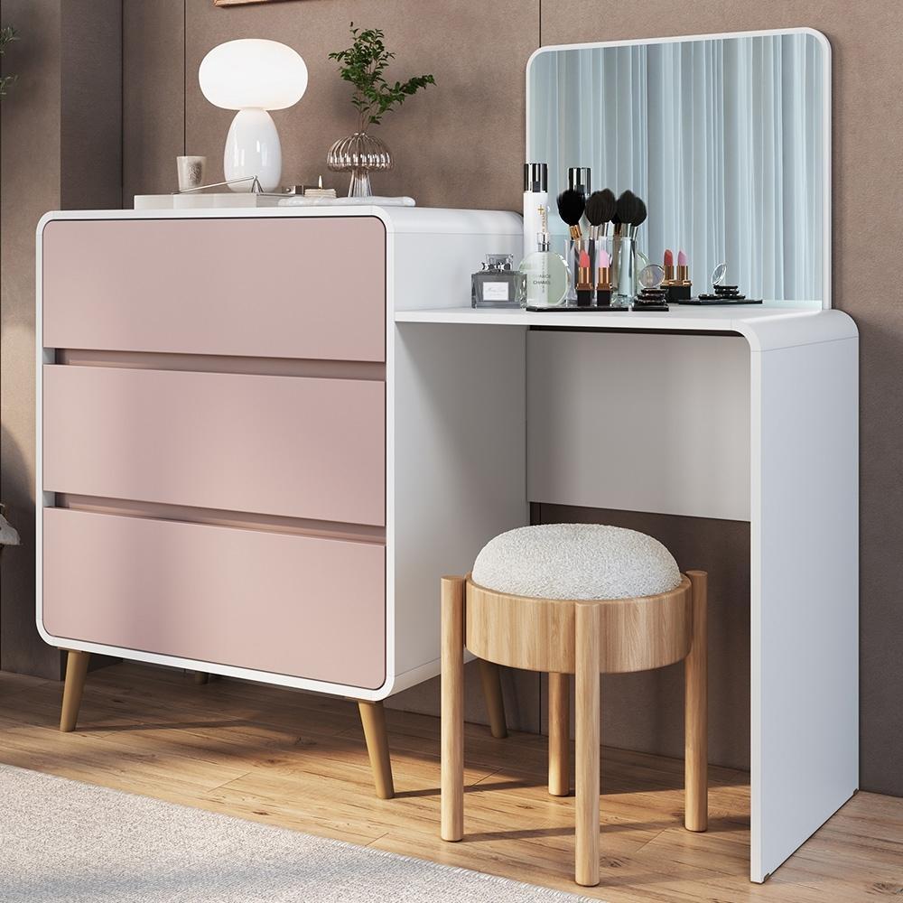 Cômoda Quarto 135cm com Penteadeira Nuvia Branco/Rosa Milkshake C06 - Mpozenato