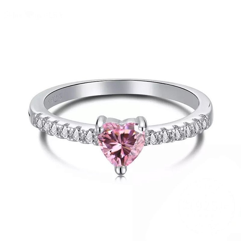 Anel princesa coracao rosa claro em prata 925 legítima