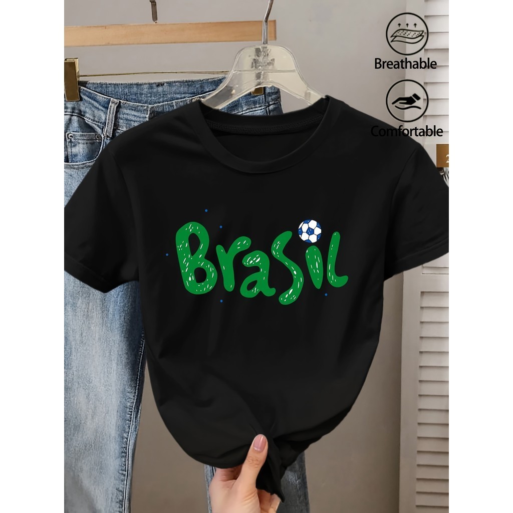 Camiseta de Manga Curta com Estampa Divertida de Futebol do Brasil e Gola Redonda, Estilo Esportivo Moderno e Solto