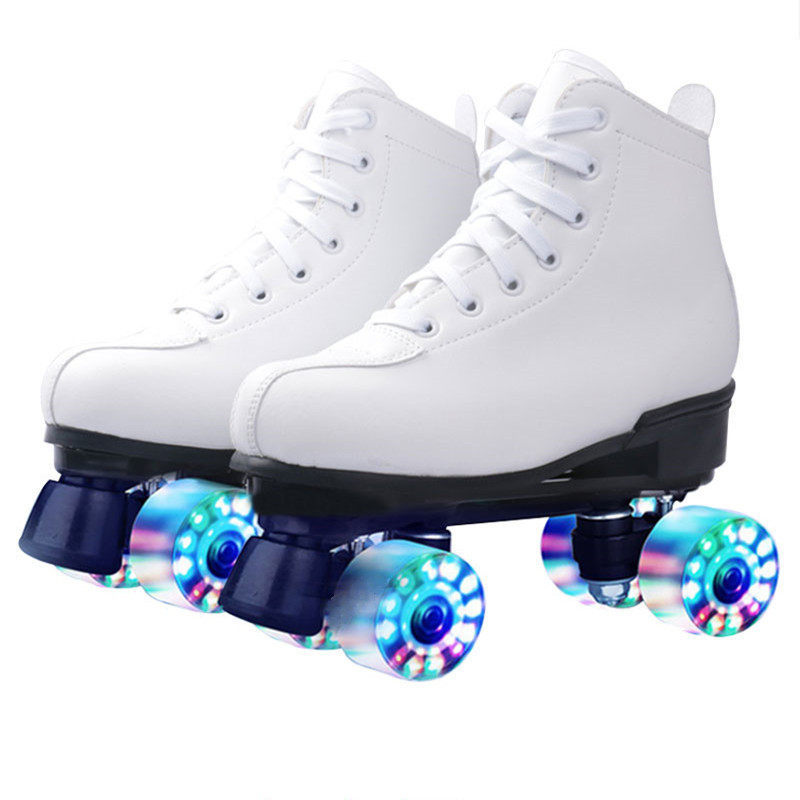 [Produto Premium] Patins de Rodas Duplas com Luzes para Crianças, Patins Brancos para Meninos e Meninas, Patinação Profi