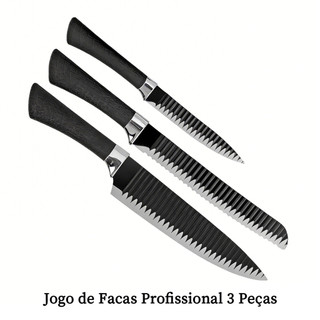 Faca de aço inoxidável preta, conjunto de 3 peças, faca de chef, faca de pão, faca doméstica