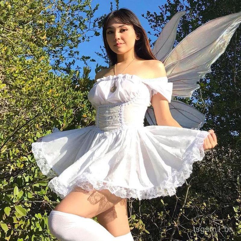 Vestido Mini Gótico Feminino Pop Y2K Vintage com Cintura Ajustável e Mangas Bufantes Estilo Princesa