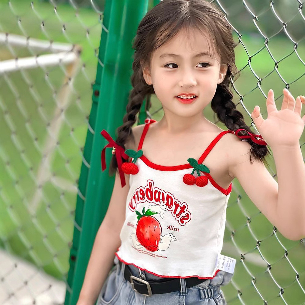 Meninas verão colete camisola bebê moda crianças rua wear moda cereja morango roupa interior exterior