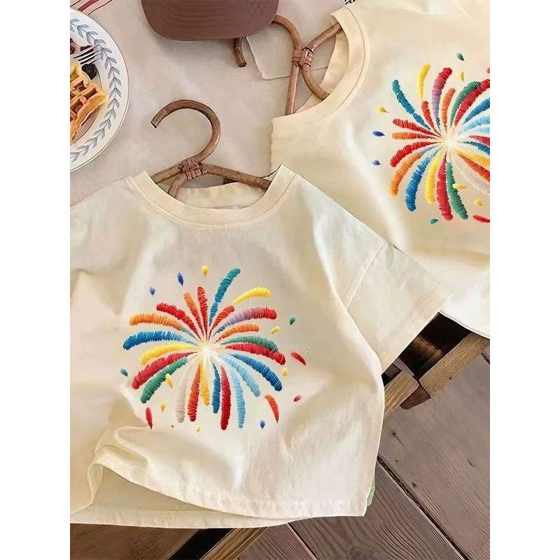 Crianças crianças puro algodão de manga curta camiseta meninos meninas bebê em torno do pescoço diversão fogos de artifí