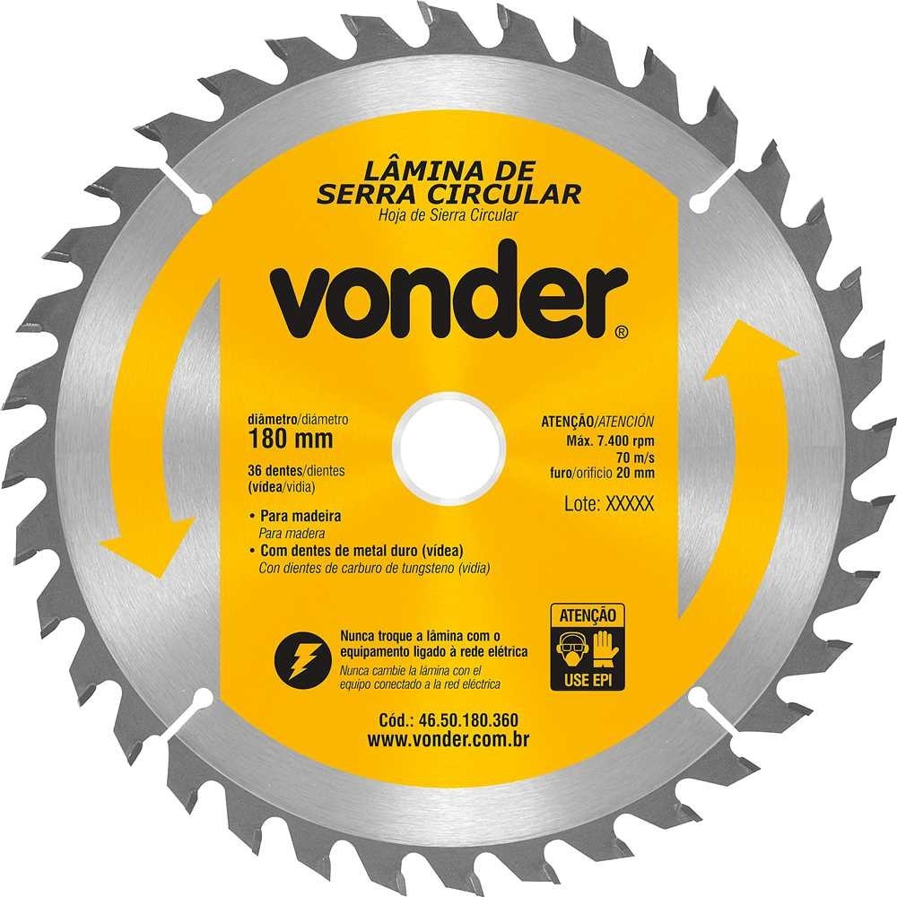 Disco de serra p/ madeira 180 mm x 20 mm 36 dentes - Vonder