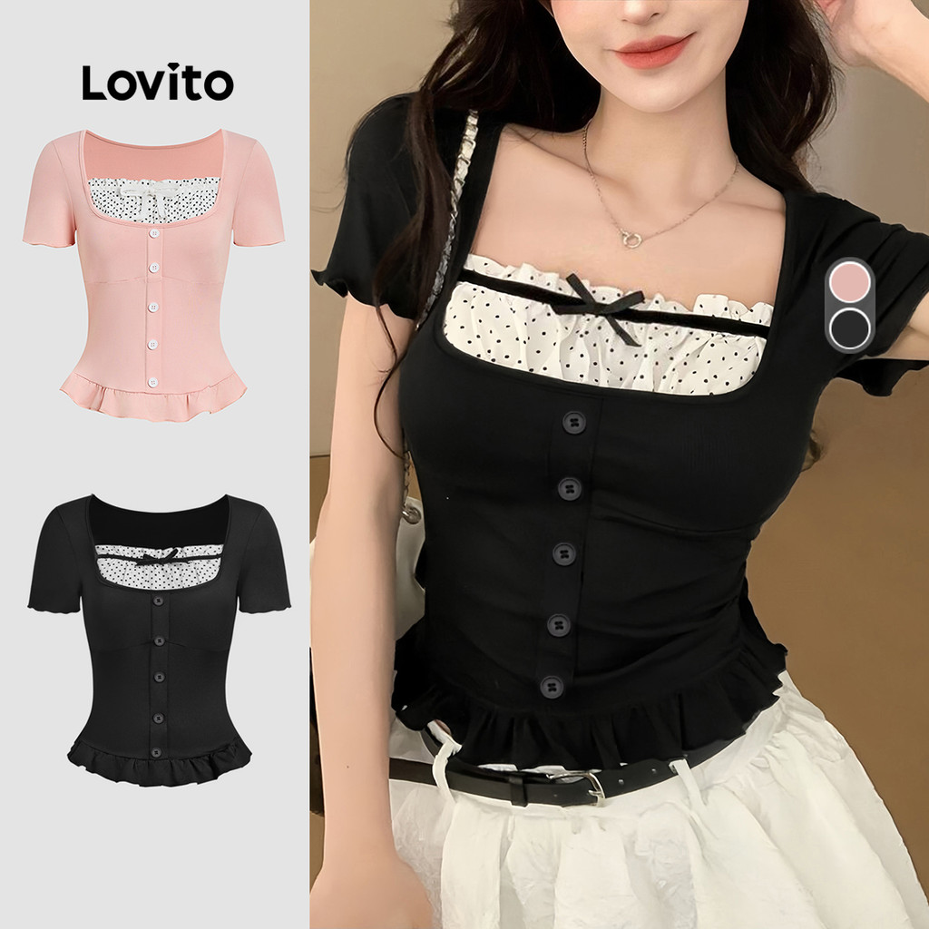 Lovito Camisa Casual Fake 2 em 1 com Laço Contrastante e Faixa de Mola/verão Camiseta preta L139AD016 em Oferta na Shopee