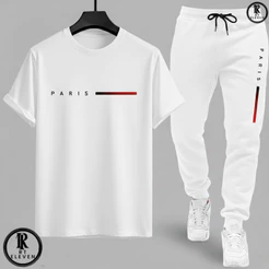 Kit Conjunto Camiseta e Calça moletom Moda masculina camiseta casual Paris Malha Algodão + calça Moletom Com bolso aRT