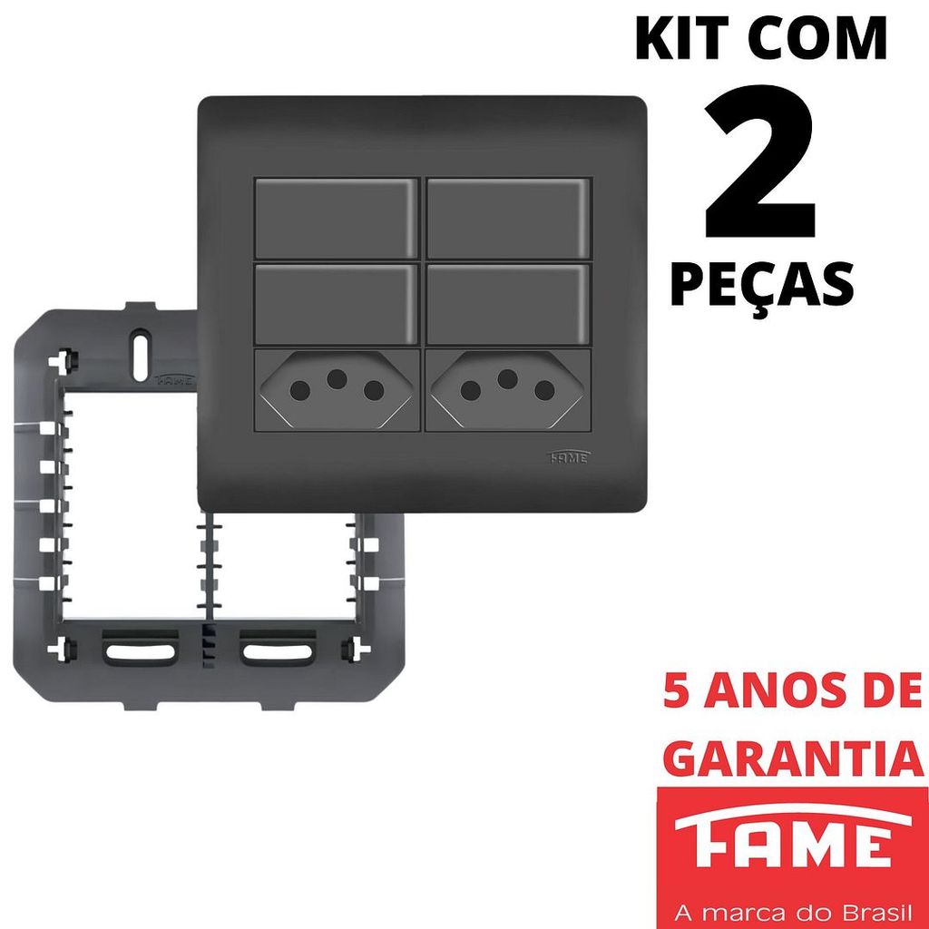 2un Interruptor Paralelo Three Way 10A 4 Teclas e Tomada Padrão Dupla 2P+T 10A Com Placa 4X4 Habitat Black Preto FAME