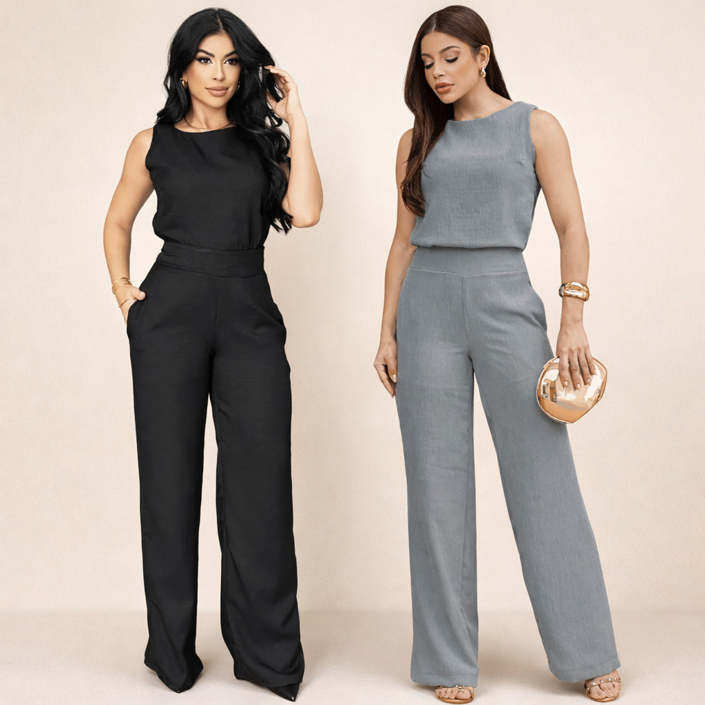 Conjunto Social Duna Feminino Mulher Elegante Blusa e Calça Pantalona Alfaiataria Wide Leg Moda Mulher Verão