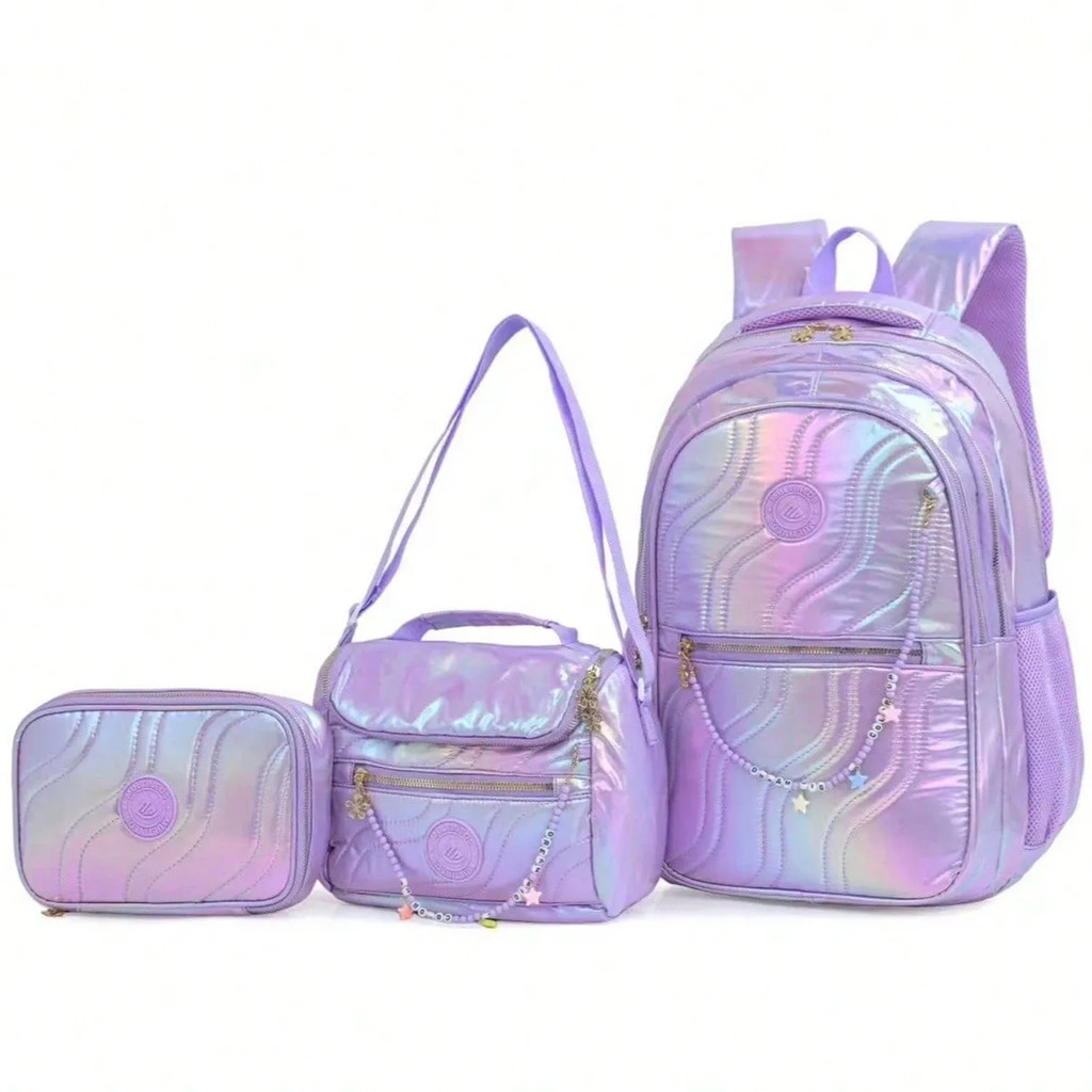 Kit 3 Peças Mochila Feminina Reforçada Impermeável Holográfico Escolar Com Lancheira Estojo Tippi