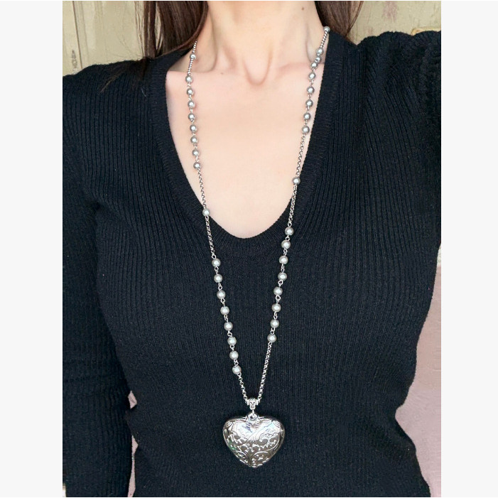 Colar de Pingente de Coração de Prata Vintage Colar Longo Acessório de Colar Longo Simples de Alta Qualidade