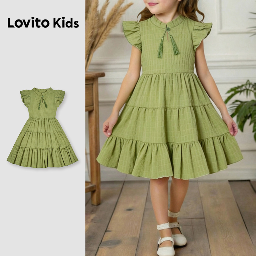 Lovito Kids Vestido Casual com Borla e Camadas em Degraéis para Primavera/verão Verde para Menina L168LD182 em Oferta na Shopee