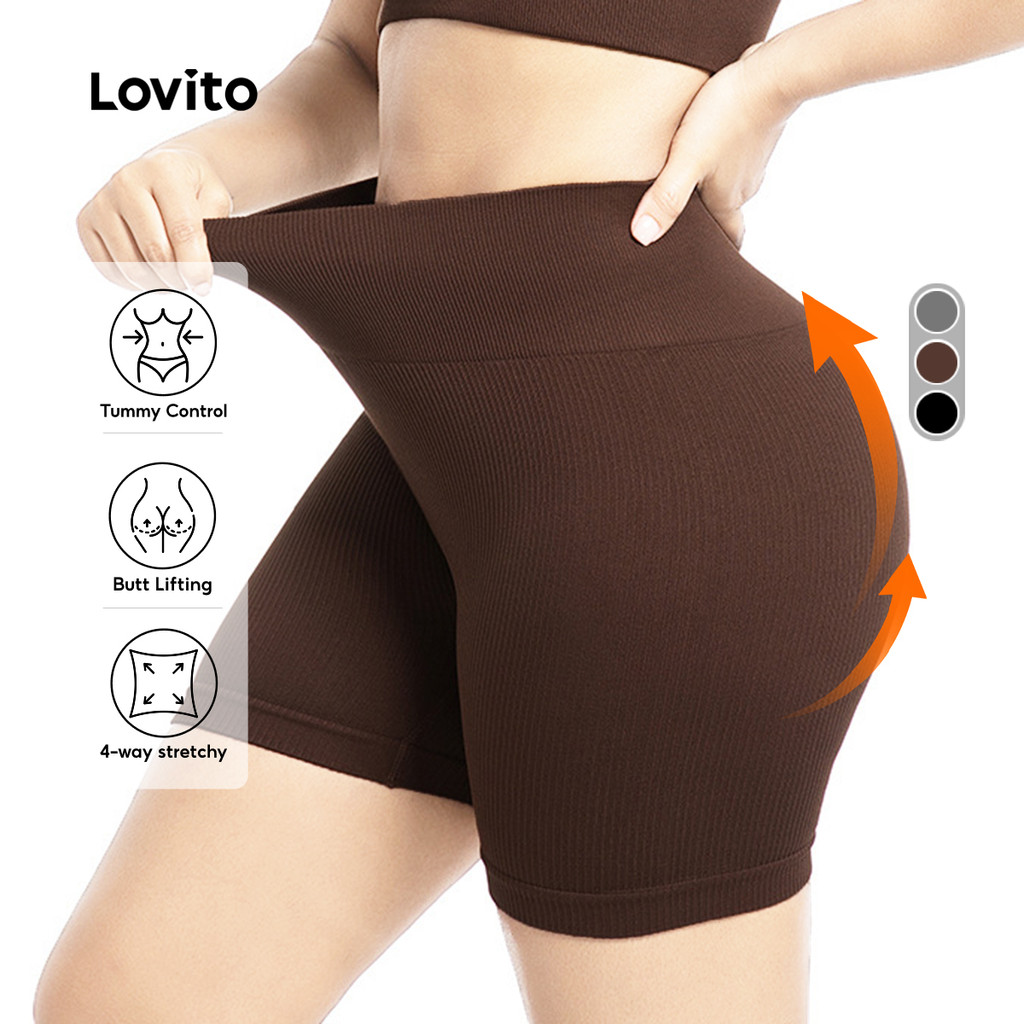 Lovito Shorts Esportivos com Controle de Barriga Levantamento de Bumbum Elástico Marrom 4 vias LNA133046 em Oferta na Shopee