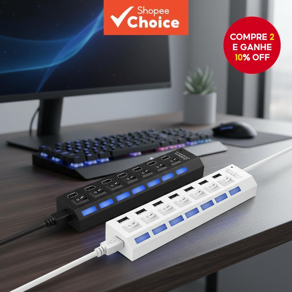 Adaptador de Hub USB com Indicador LED e Interruptor Ligar/Desligar Extensão de Múltiplos Portas para Laptops e