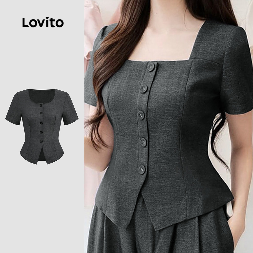 Lovito Blusa Casual Botão Frontal Primavera/verão Blusa Cinza Escuro para Mulheres LK2ED048 em Oferta na Shopee