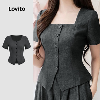 Lovito Blusa Casual Botão Frontal Primavera/verão Blusa Cinza Escuro para Mulheres LK2ED048 em Oferta na Shopee