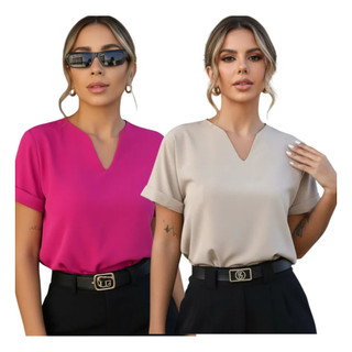 Kit 2 Blusas Feminina Gola V Manga Dobrada Estilosa Verão
