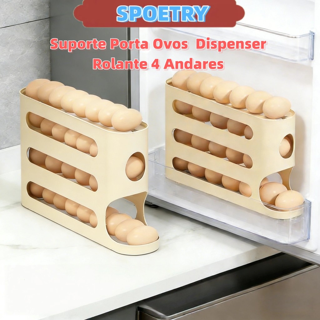 Suporte Porta Ovos  Dispenser Rolante 4 Andares Plástico Durável Organizador de Geladeira 30 Ovos