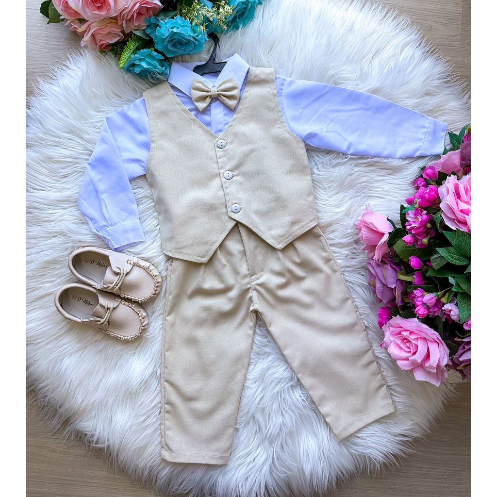 Conjunto Infantil Social Menino Colete Palha Bege Camisa Manga Longa Calça Gravata Batizado Pajem