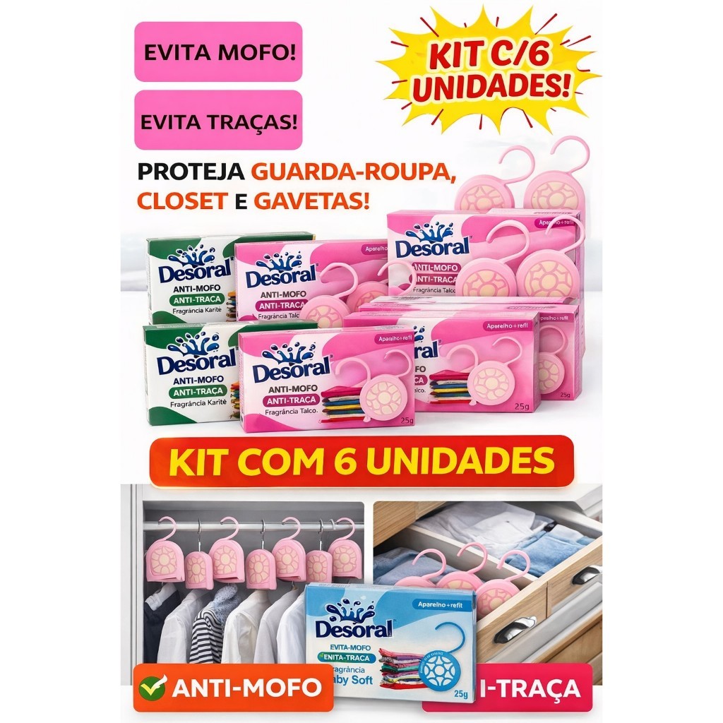 Kit 6x Anti-Traça e Anti-Mofo Aparelho e Refil 25g Guarda Roupa Closet Gavetas - Desoral