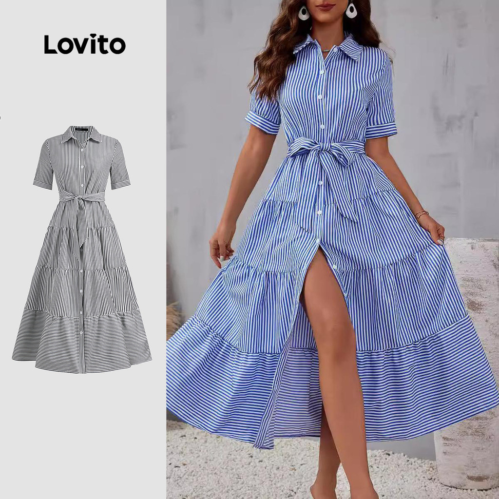 Lovito Vestido Casual Listrado Com Botão Frontal E Cinto Para Mulheres LNL79306