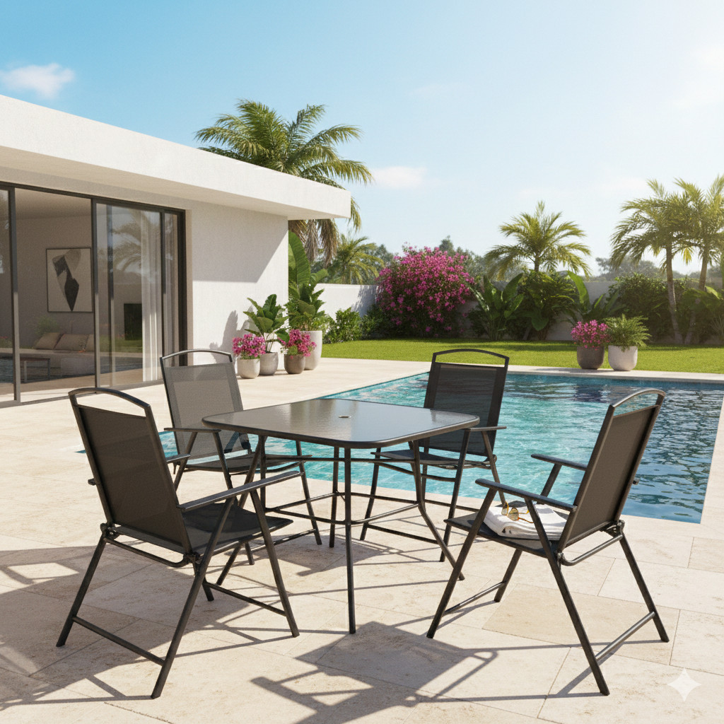 CONJUNTO DE MESA PARA PISCINA E JARDIM COM 4 CADEIRAS DOBRÁVEIS em Oferta na Shopee