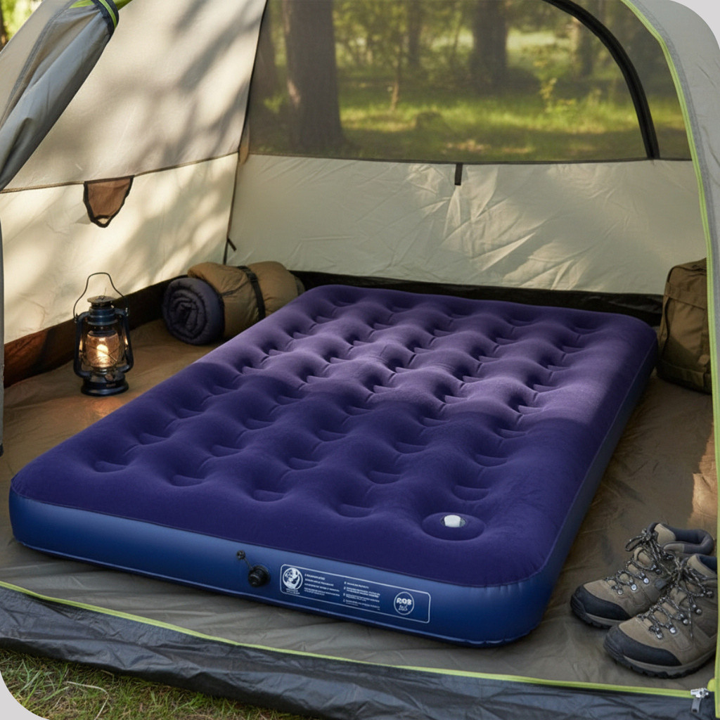 Colchão Inflável Casal Mor Aveludado Azul com Inflador de Pé Camping