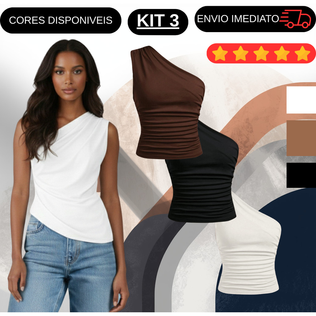 KIT 3 Blusa Mula Manca  Feminina Elegante Franzido Assimétrica Ombro Único Com Casual