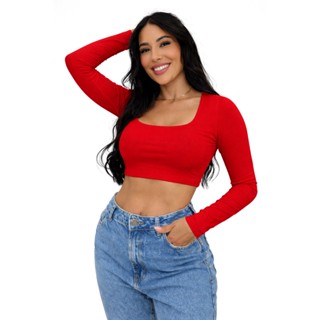 Blusa Top Cropped Manga Longa com decote quadrado Tecido Premium Exclusivo da Loja em Oferta na Shopee