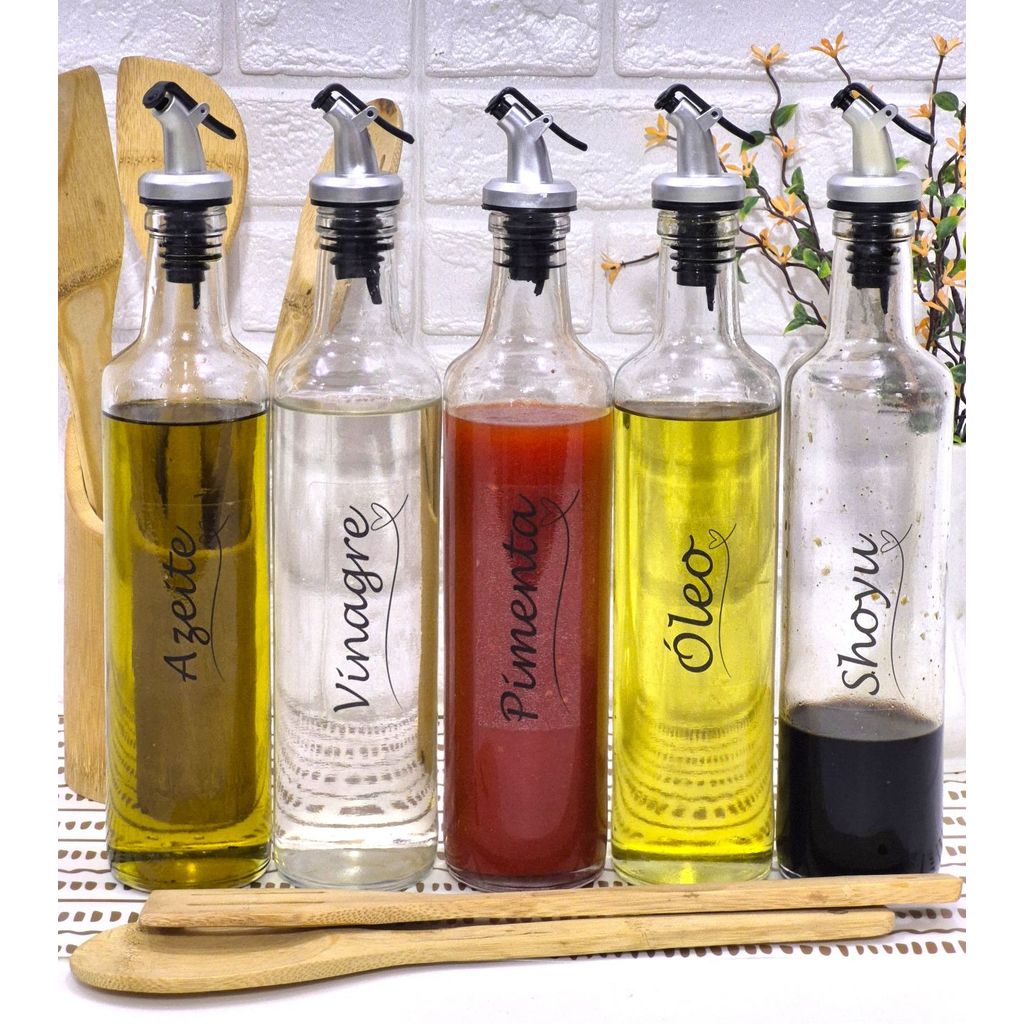 Galheteiro 525ml, Azeite, Vinagre, Óleo, Shoyu, Pimenta  com bico dosador plástico em Oferta na Shopee