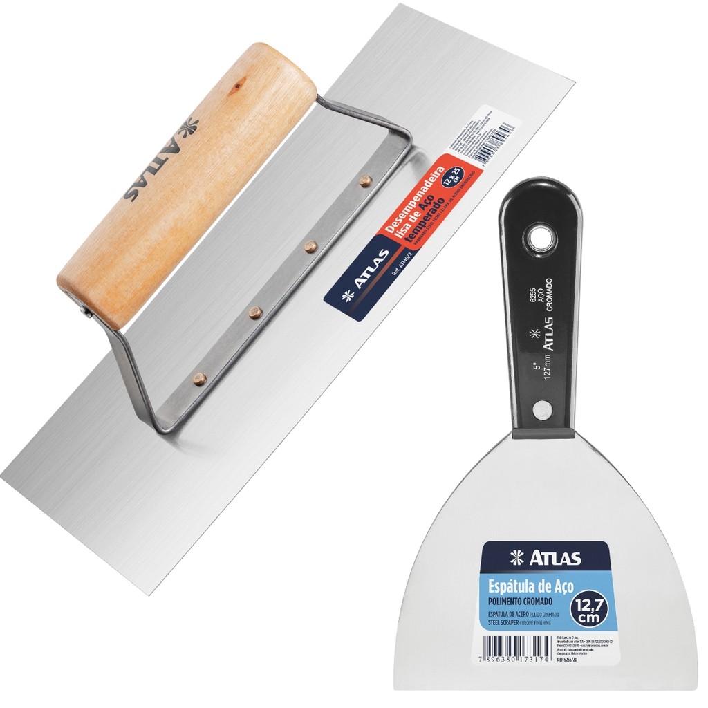 Kit Desempenadeira de Aço Lisa com Cabo de Madeira e Espátula de Aço Polido 12cm Ferramenta de Pedreiro Prática
