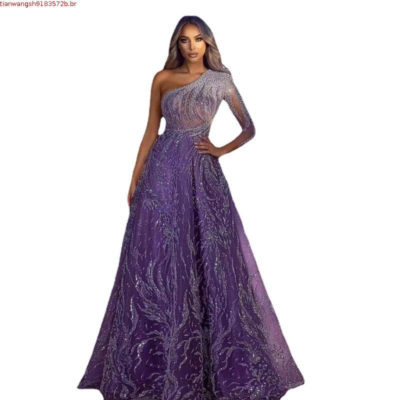 Vestido Longo Vestido de Noite Vestido de Noite Feminino Vestido de Lantejoulas com Manga Aberta Vestido com Fenda Vesti
