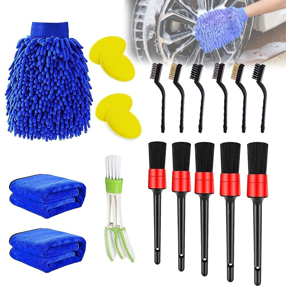 Kit 20 Peças Lavagem Carro Escovas Detalhe Luva Microfibra Esponjas Limpeza