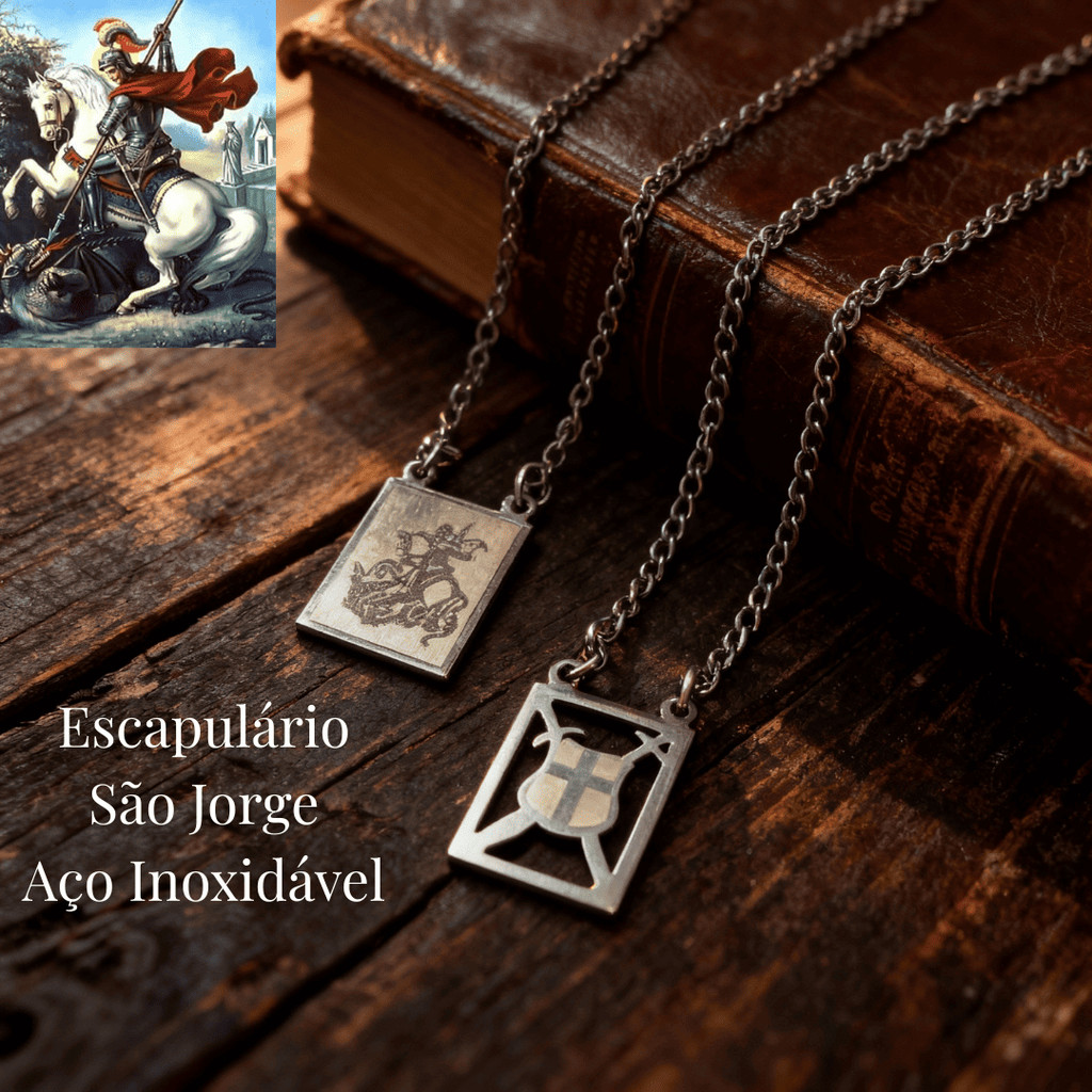 Escapulário Aço Inox Prateado São Jorge e Escudo Vazado Colar Cordão Masculino