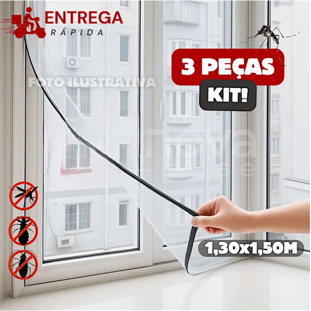 Tela Mosquiteiro Janela 130x150cm Removível com Fecho e Fita Dupla Face Contra Insetos